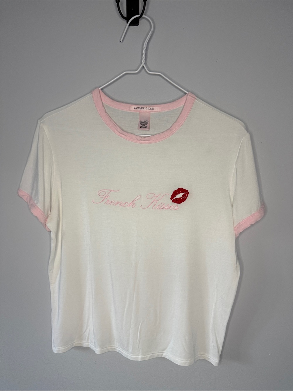 Victoria's Secret White Tee with Pink Trim & Red Lip Graphic